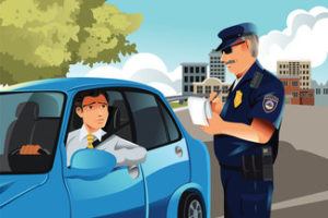 cartoon on life insurance and motor vehicle report - man in blue car getting ticket from police officer